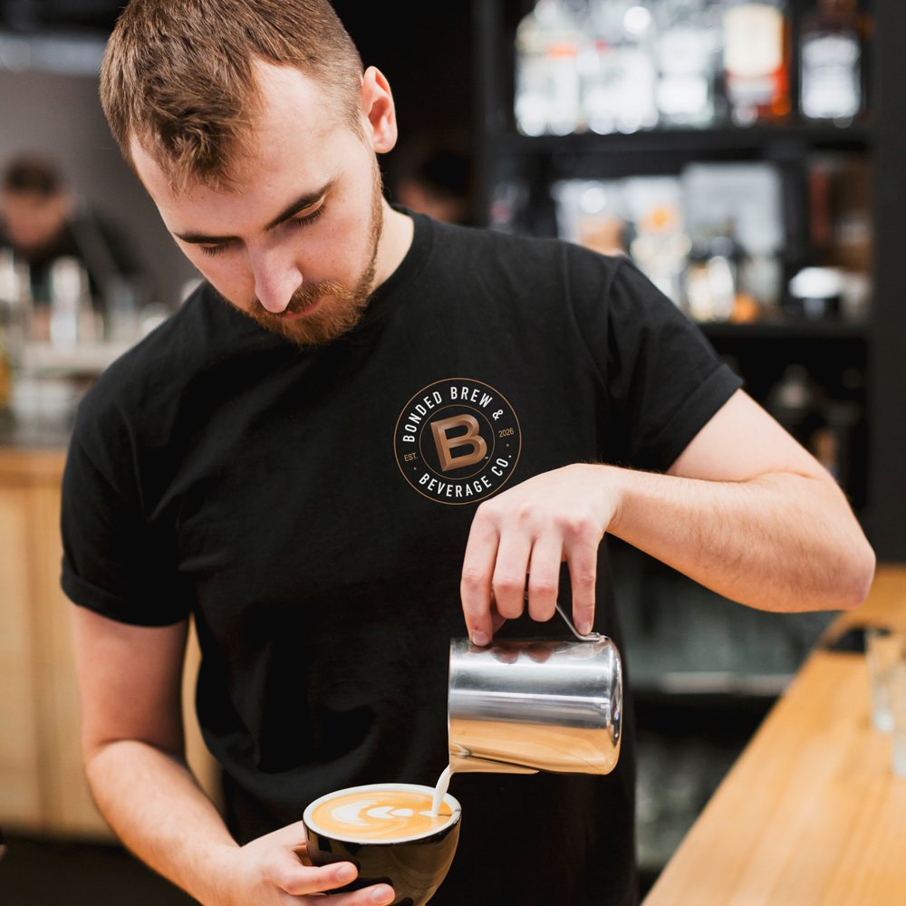 Bonded Brew Logo Left Chest Print Tee worn by barista